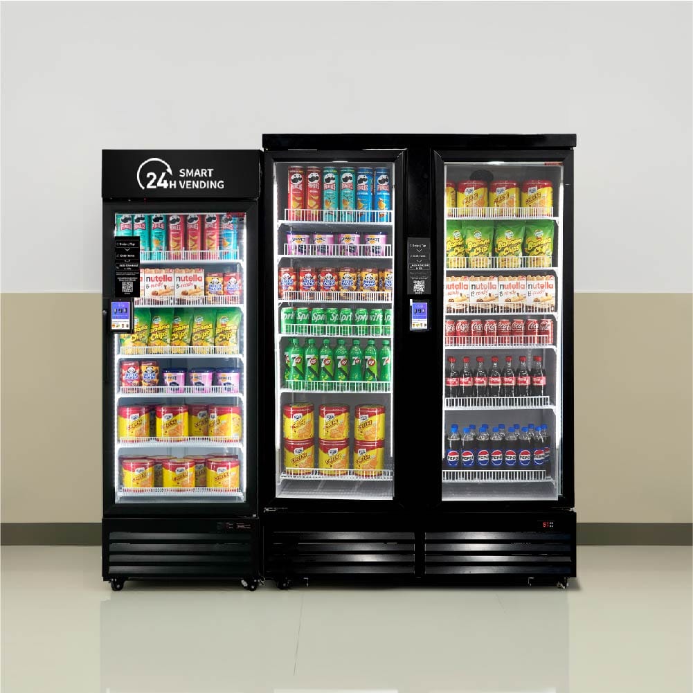 Vending machines with various drinks and snacks